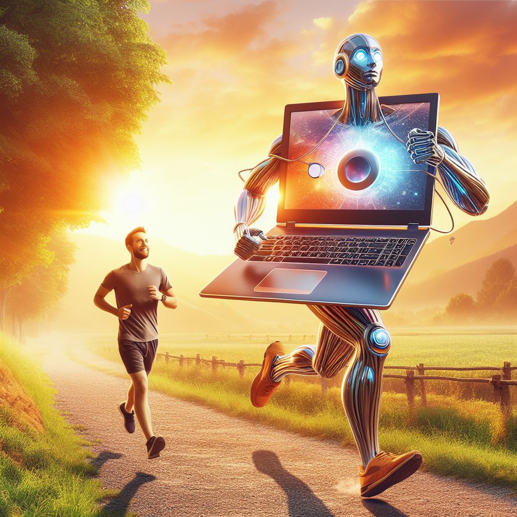 Laptop running beside a runner.